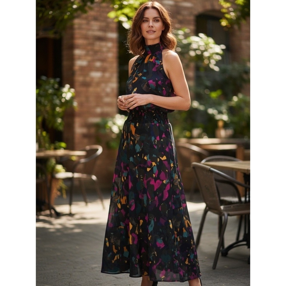Peyton Jensen Abstract Floral Smocked‎ Mock Neck Midi Dress Boho Wedding Size M